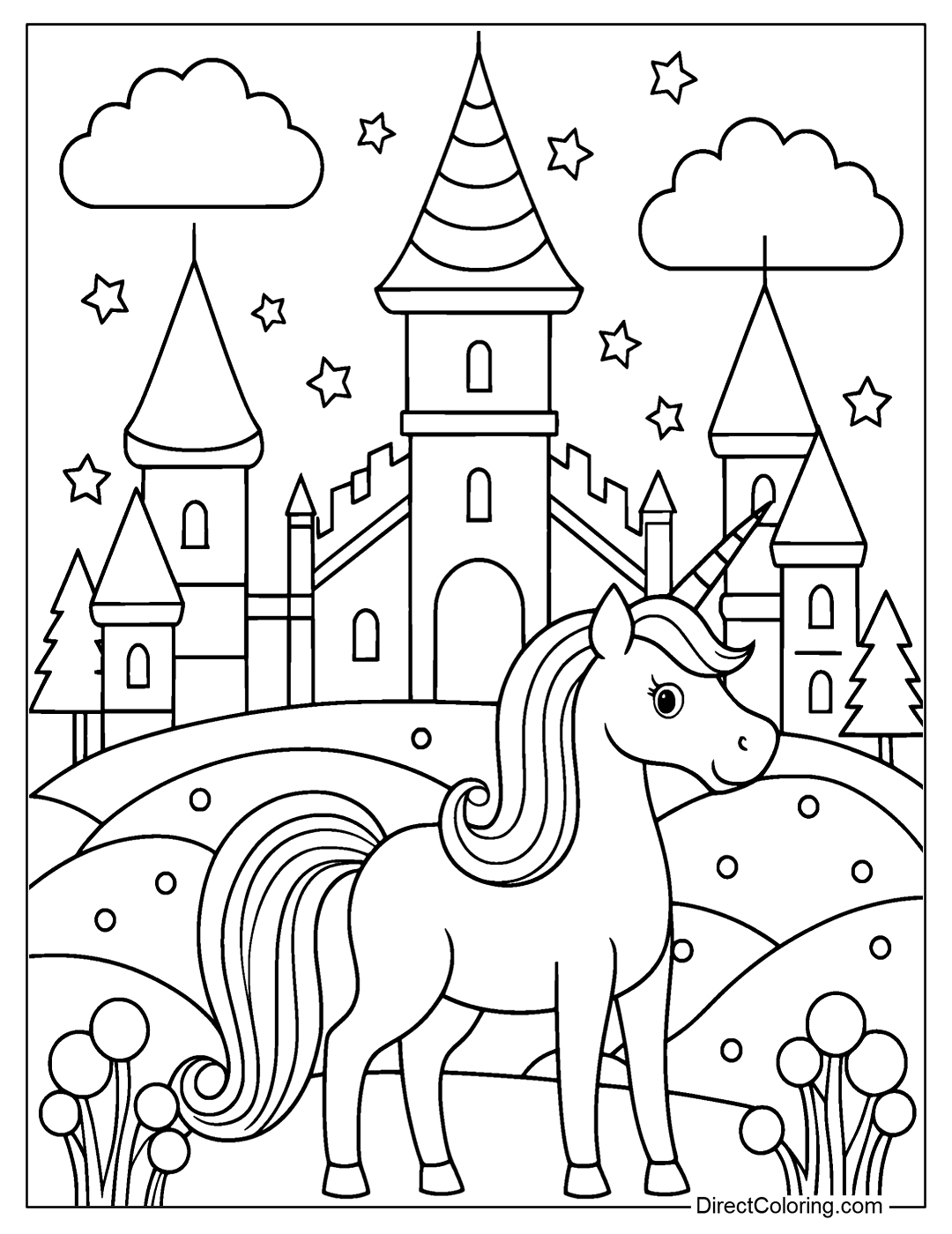 Coloring Page Unicorn with Castle